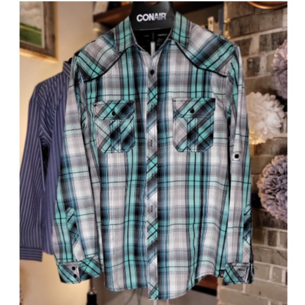 💚🖤 MK Machine Black Green & White Plaid L/S Button-Down Western Style Shirt